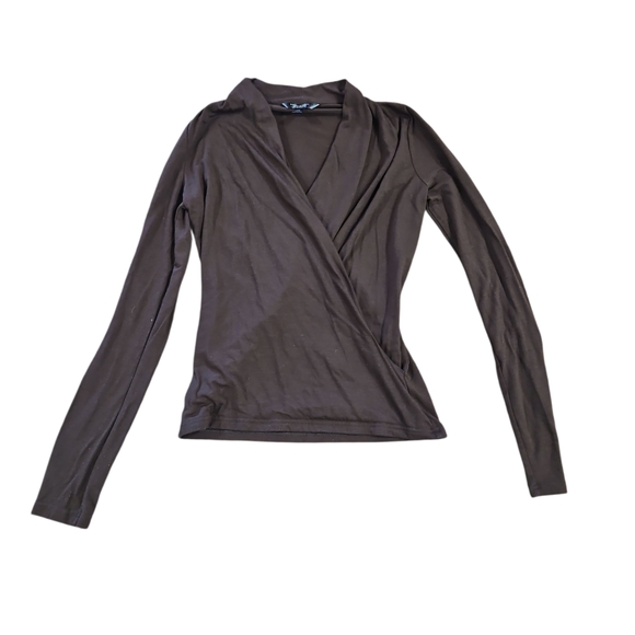 Banana Republic Womens Threadsoft Brown Faux Wrap Long Sleeve Top Size S Work - Picture 2 of 9